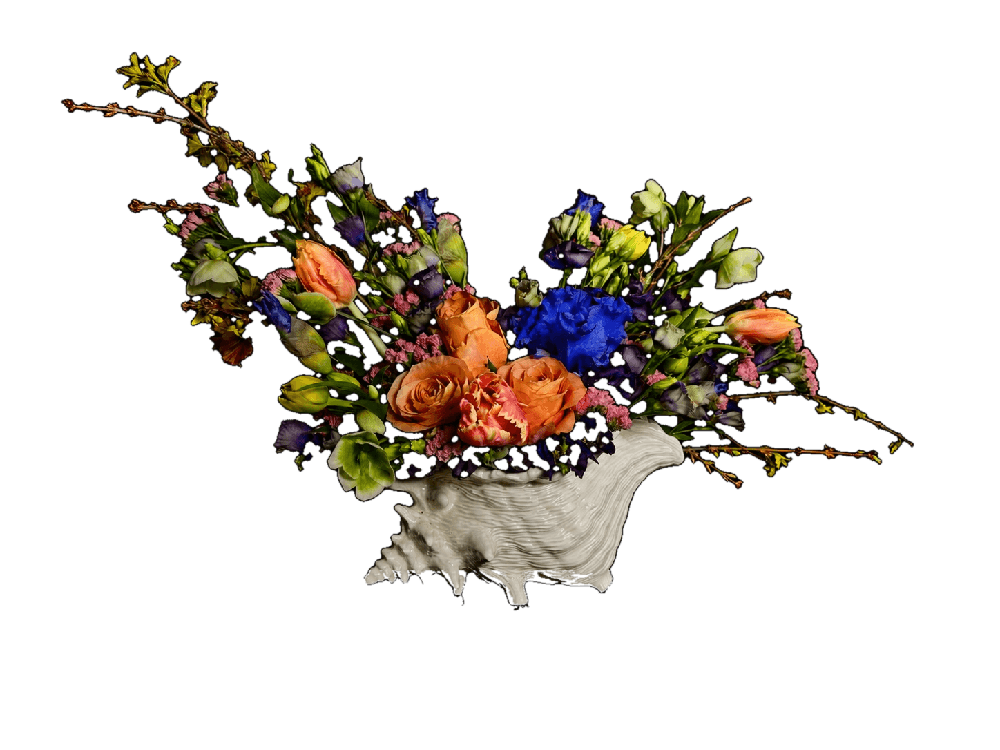 Sculptural luxury floral arrangement in a shell vessel